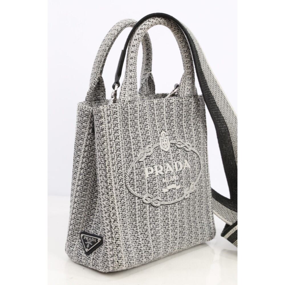Prada Ricamo Jacquard Logo Embroidered Black Talco Leather Tote Shoulder Bag - Picture 6 of 16